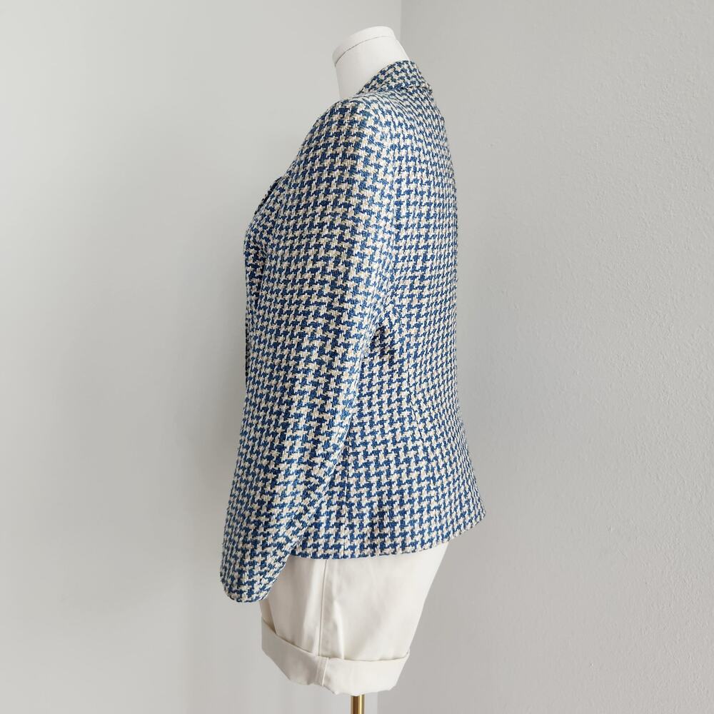 Vintage 90s Houndstooth Tweed Blazer Jacket Cream Blue 3 Button Long Sleeve L - Picture 7 of 13